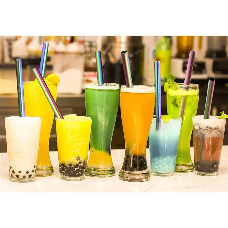 8pcs Reusable 304 Stainless Steel Straw Metal Smoothies Drinking Straight Straws Silicone Cover with Brush Bag Wholesale