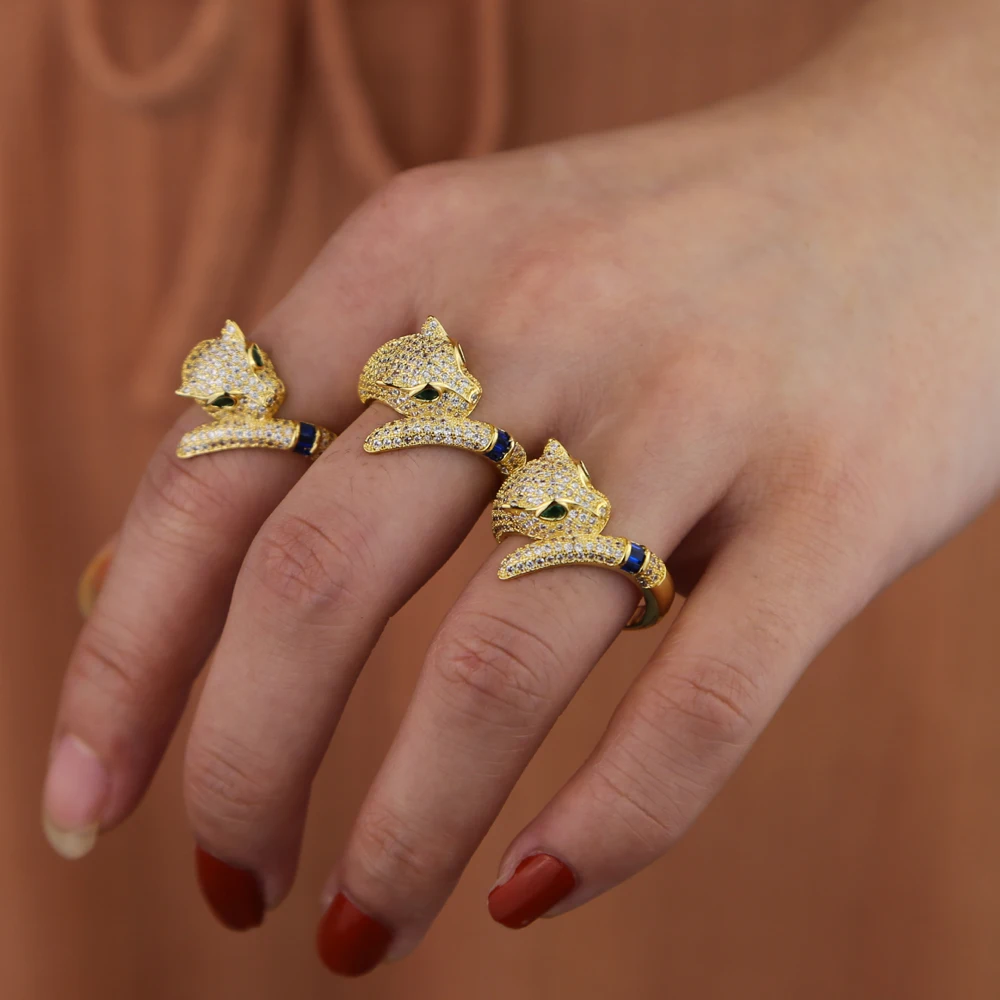 Latest Animals Hiphop Gold Filled Adjust Cute Leopard Ring For Women With Green Blue Cz Paved