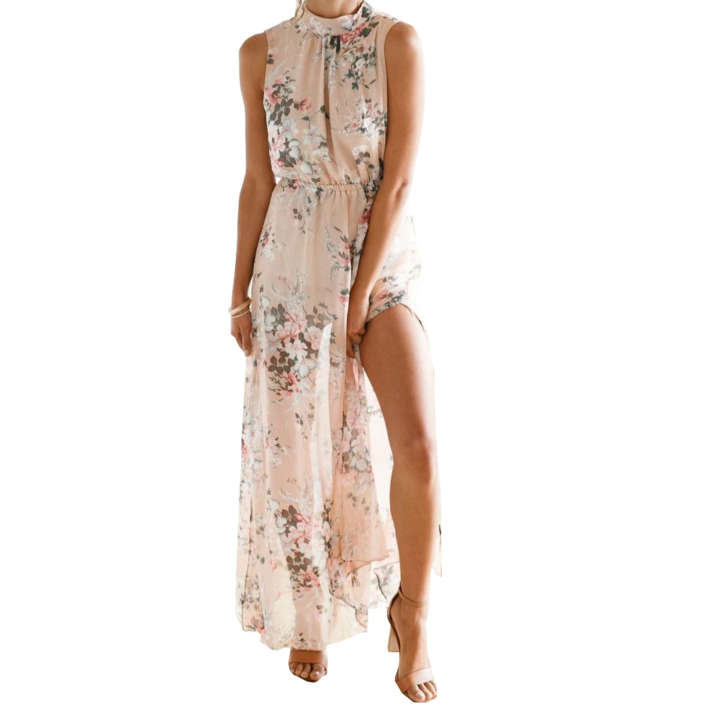 

Summer Boho Dress 2018 New Fashion Floral Printed Maxi Long Dress Women Sexy Split Halter Beach Dresses Party Plus Size