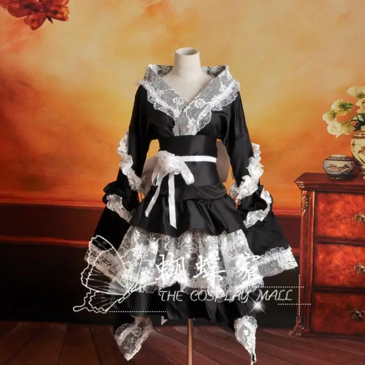 

New Japanese Kimono Dress Cosplay Costume Black Maid Dress w/Lace Lolita Dresses Carnaval/Halloween Costumes for Women S-XL