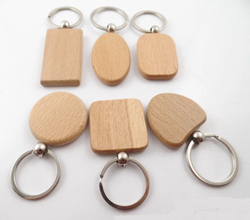 

EUBfree 50pcs customize DIY Blank Wooden Key Chain Rectangle Heart Round Ellipse Carving Key ring Wood Key Chain Ring