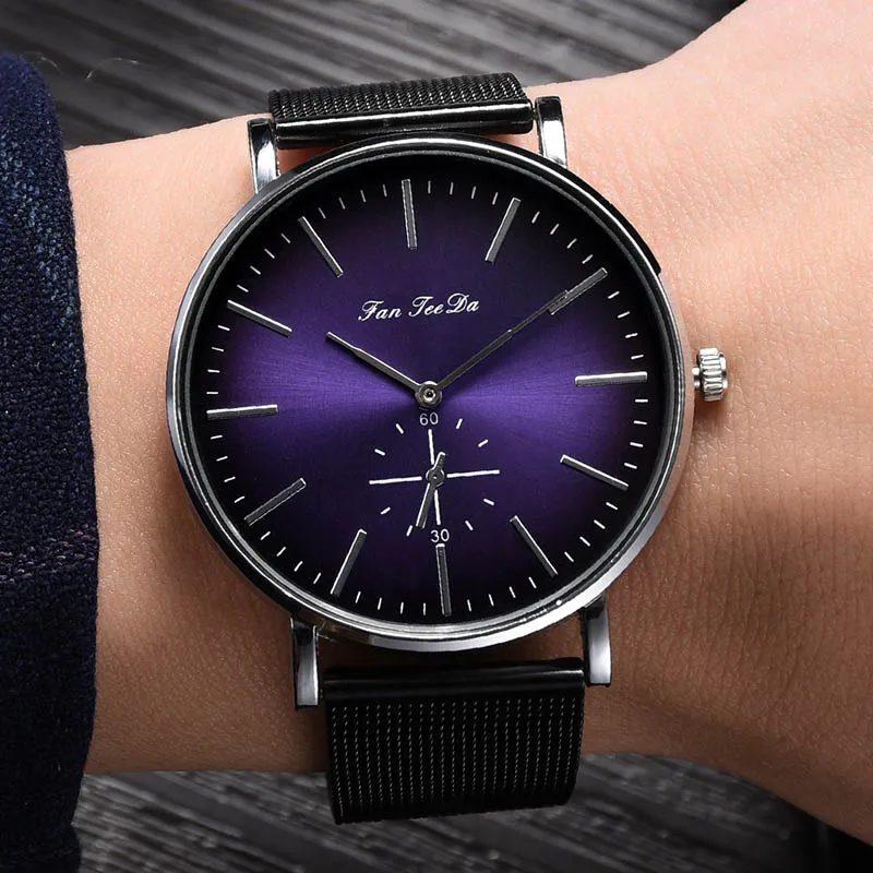 

Men Quartz Watches Green Purple Round Dial with Mesh Alloy Strap @M23