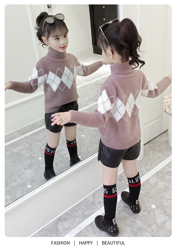 Fashion Autumn Winter Baby Girl Knitted Velvet Sweaters Casual Children Clothes Long Sleeve Turtleneck Thick Sweater 4-15Y