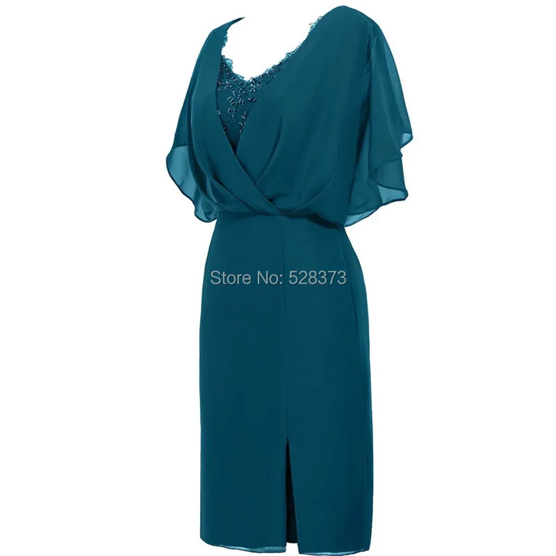 

YNQNFS MD34 Sheath Teal/Navy/Burgundy Color Chiffon V Neck Short Mother of the Bride Dresses Outfits Real Photos