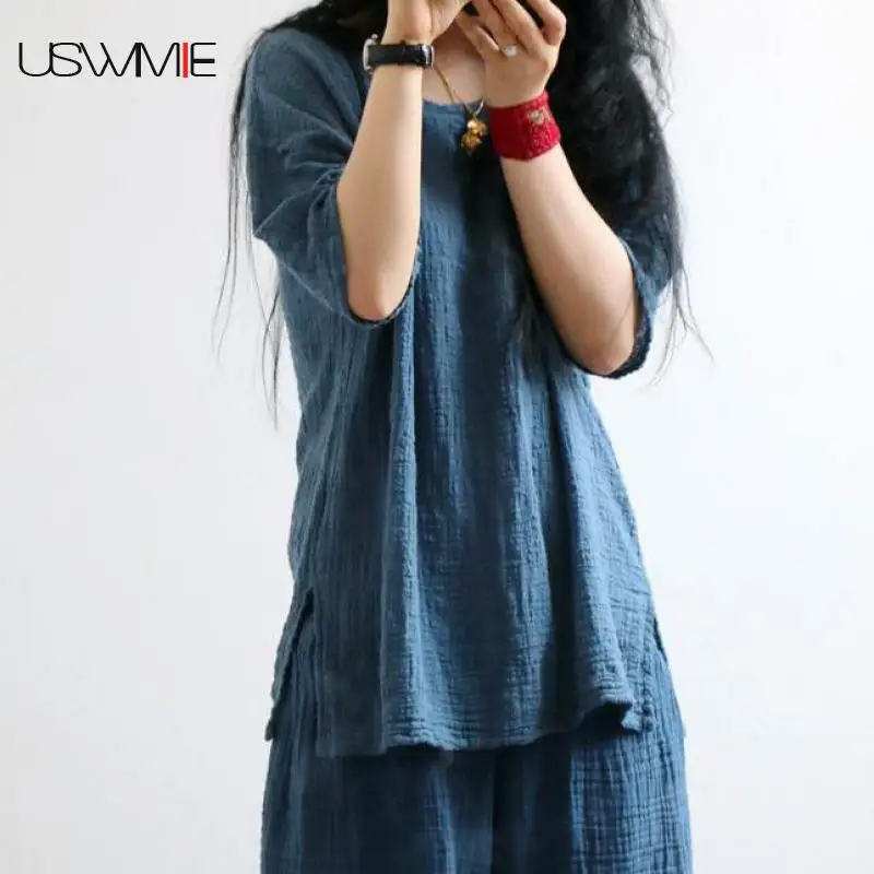 

USWMIE 2017 Summer T-shirt Women New Literary Retro Simple Joker Loose Comfort Thin Linen Shirt O-neck Solid Color Plus Size Top