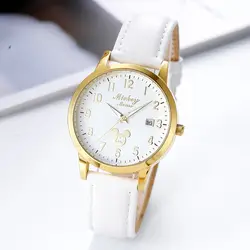Disney Микки Женские кварцевые наручные часы Авто Дата белые кожаные часы Водонепроницаемость в повседневных условиях женские Reloj Mujer