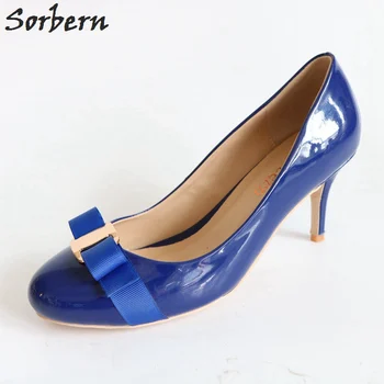 

Sorbern Blue Patent Leather Round Toe Women Pumps Low Heels Bowknot Front Slip-on Ladies Pump Shoes OL Pump Spring Style