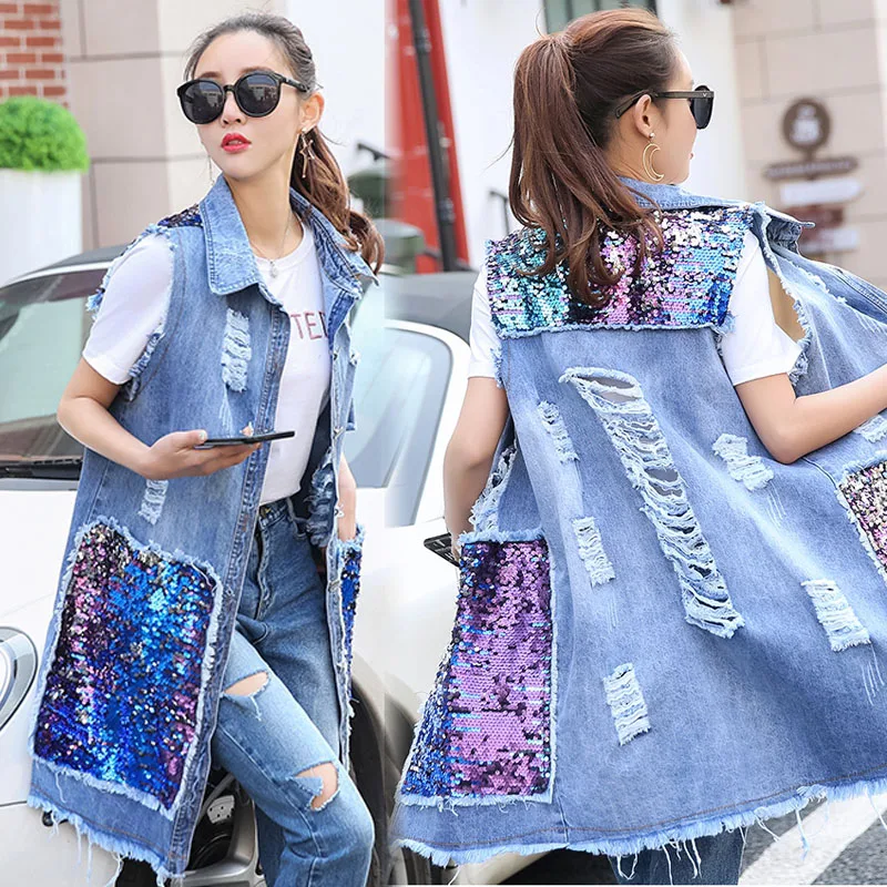 

Mr.nut Spring and summer Korean version of the XL long sequined denim vest vest jacket Frayed Streetwear Cotton denim jacket