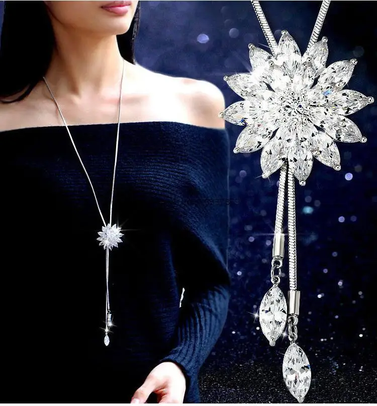 Роскошное ожерелье s& Кулоны, Модное Длинное массивное ожерелье с подвеской из кристаллов в виде цветка, Женское Ожерелье для свитера, ювелирное изделие для девочек - Окраска металла: White