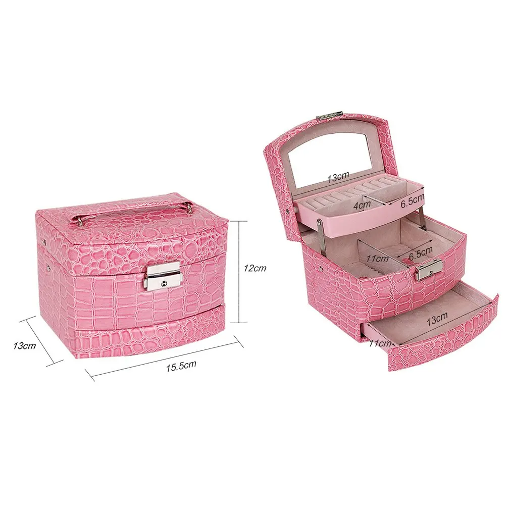 High Grade Jewelry Display Box Leather 3 Layers Ring Necklace Jewelry Carrying Case Crocodile Print Lady Gift Jewelry Packaging