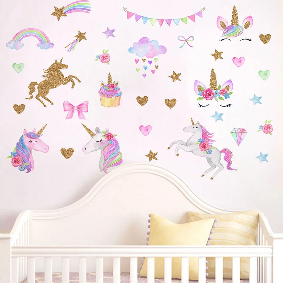 Розовый Единорог, животные, настенные наклейки для детской комнаты, девичьи комнаты, декор для спальни, милые Мультяшные обои, единорог, вечерние украшения
