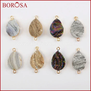 

BOROSA 10PCS Teardrop Rainbow Titanium Galaxy Druzy Quartz Connectors Plating Color Gems Double Charms for Jewelry Making G1616