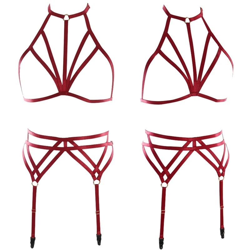 

Wine Red Sexy Hollow Out Cage Bra Strap Adjust Body Harness Wedding Bride Leg Garter Belt Goth Body Cage Bondage Harness Set