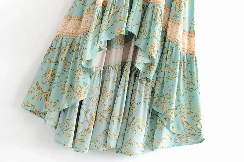 Ellacey Summer Bohemian Skirt Retro Elastic Waist Large Swing Floral Printed Skirt Seaside Holiday Irregular Beach Skirt Women