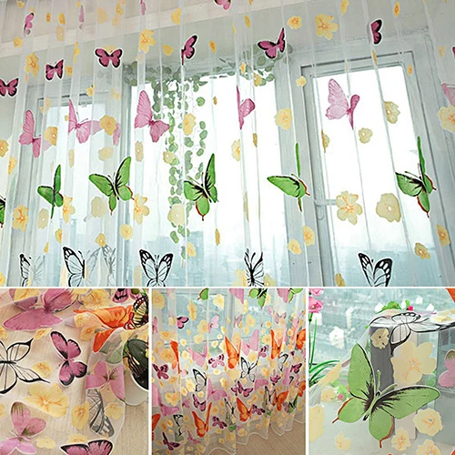 Home Accessories Door Window Balcony Butterfly Printed Sheer Tulle Voile Curtain