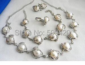 

Free Shipping>12MM White Baroque Freshwater Pearl Zircon Necklace Bracelet Earring Ring Set