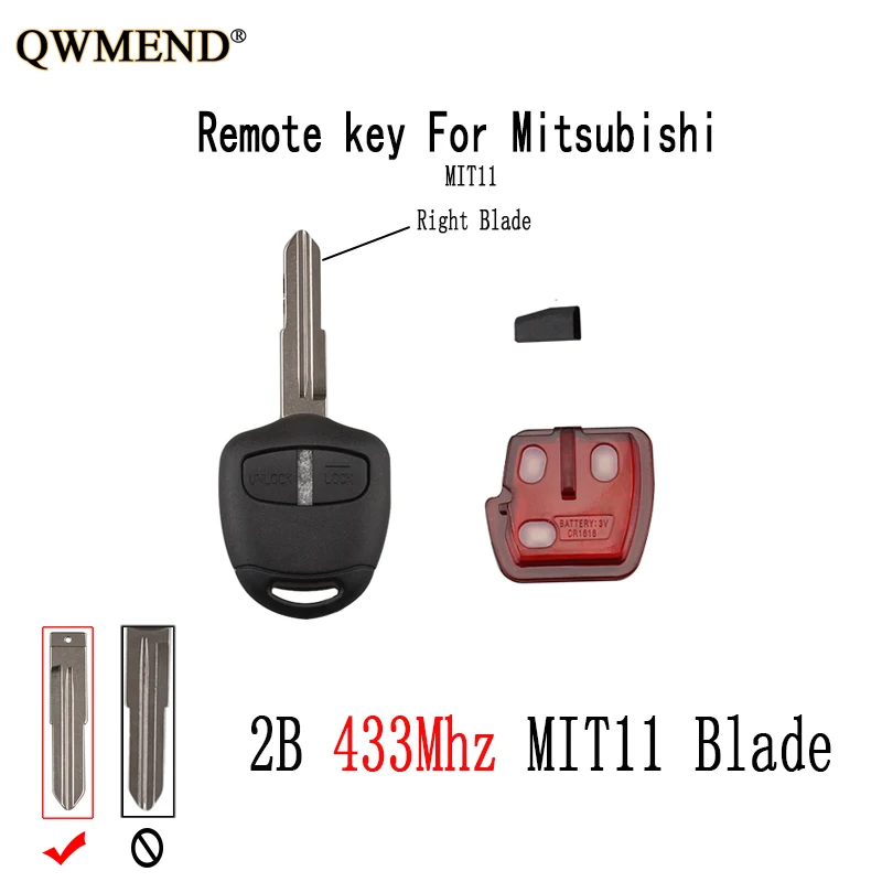 

QWMEND 2Button 433Mhz Remote key For MITSUBISHI Outlander Pajero Montero Triton ASX Lancer Original key MIT11 Blade+ID46