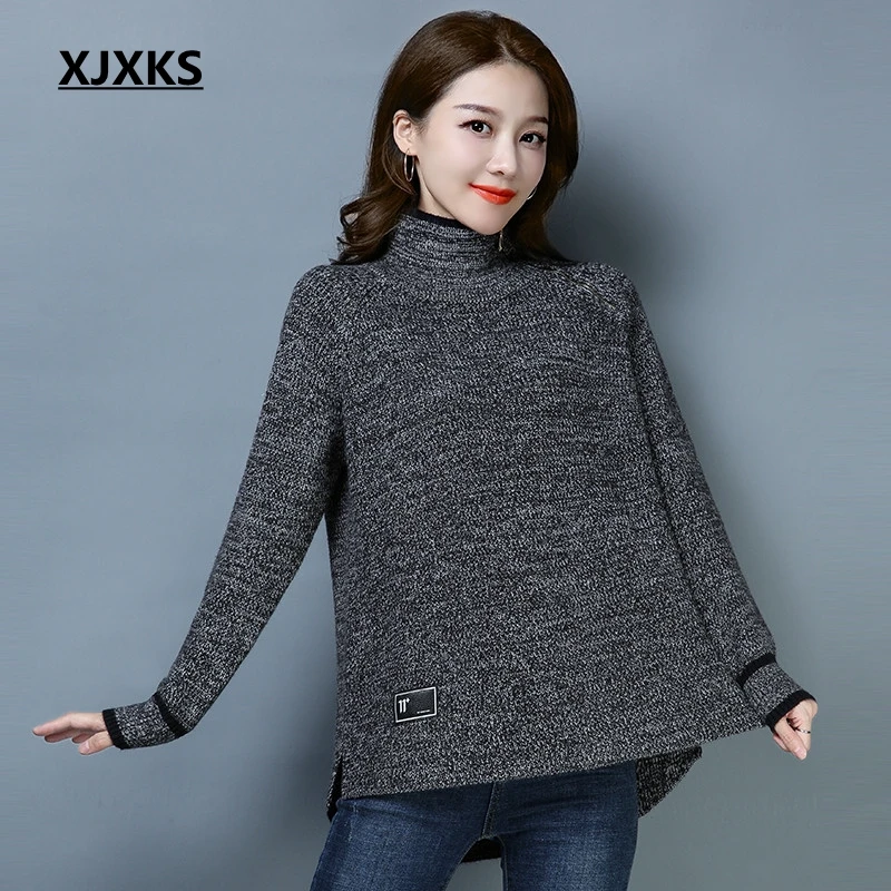 XJXKS, асимметричный подол, удобный, на молнии, женский свитер с высоким воротом, высокая эластичность,, новая мода, Женский пуловер, свитер