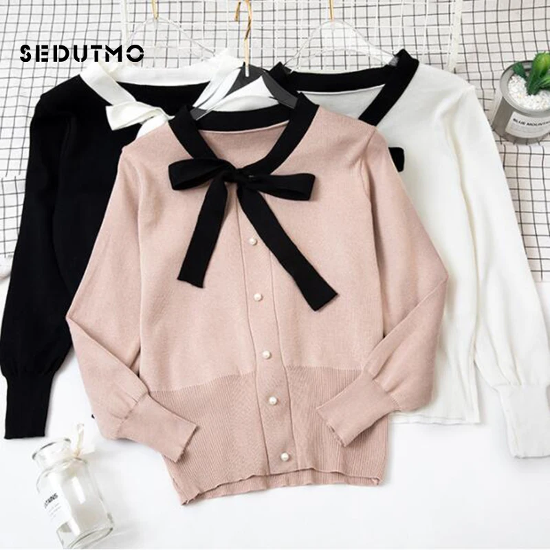 

SEDUTMO Spring Bow Sweater Women Slim Pullovers Patchwork Jumper Knitted Sweater Long Sleeve White Stretch Basic Top ED710