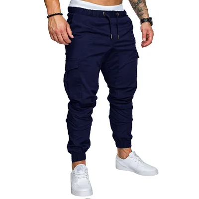Новые осенние мужские штаны в стиле хип-хоп шаровары, штаны для бега, штаны мужские брюки для бега, однотонные брюки с несколькими карманами, спортивные штаны, M-4XL - Цвет: Темно-синий