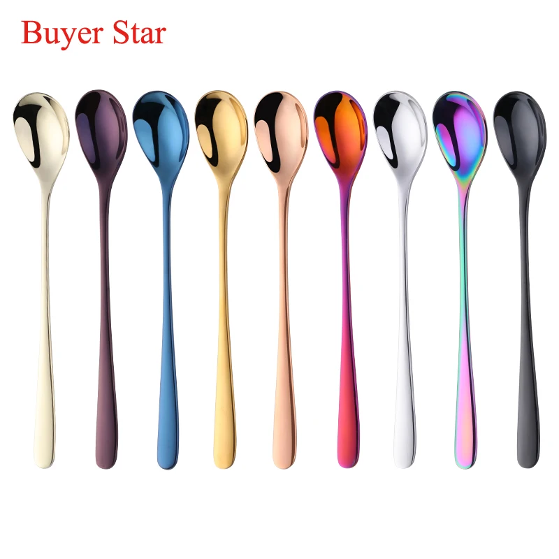 

6pcs/Set Korean Table Ice Cream Spoon Tea Iced SpponStirring Black Steel 18/10 Gold Long Handled Spoon Sundea Mixing Ladle Set