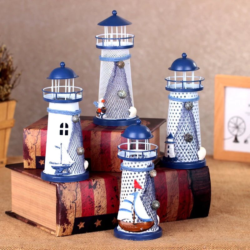 

Nautical Marine Iron Tealight Holder Mediterranean Style Lighthouse Nautical Fish Net Shell Buoy Decor