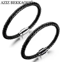Азиз BEKKAOUI классический черный кожаный браслет для мужчин простой стиль развевая браслет из нержавеющей стали крутой мужской ювелирный дропшиппинг