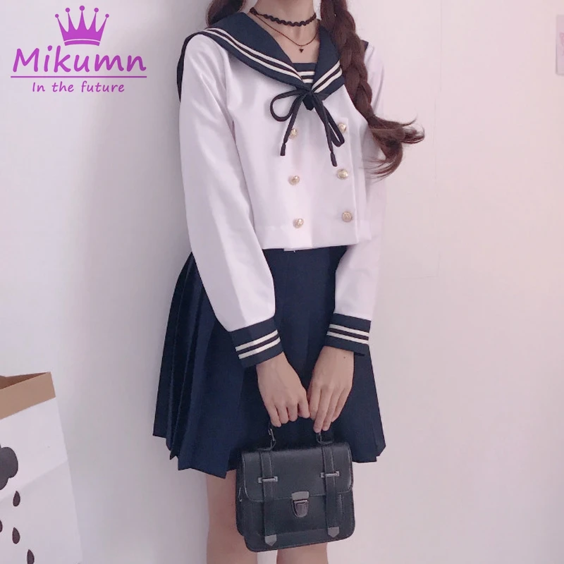 

Japanese School Uniforms JK Sailor Long Sleeve Shirt + High Waist Pleated Skirt Sets Student College Suits White /Navy Blue