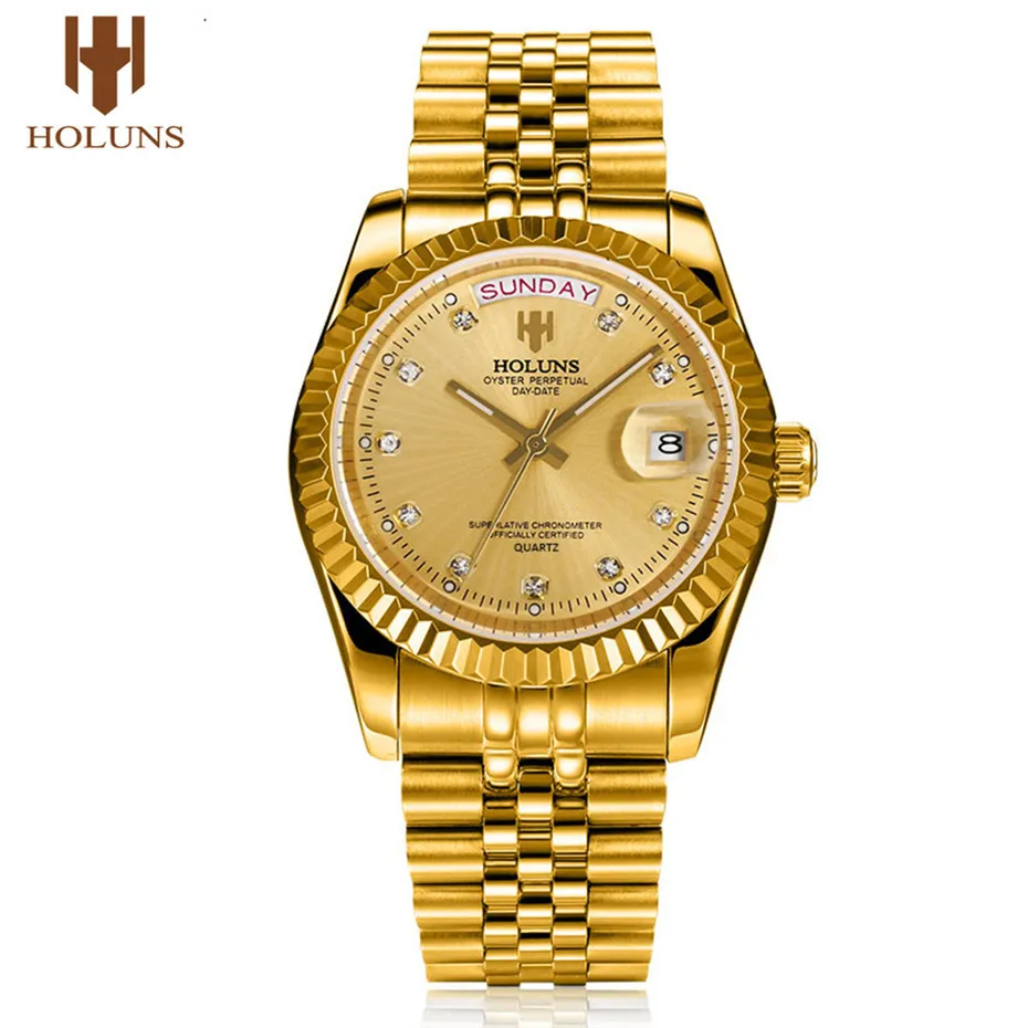 HOLUNS Golden Luxury Stainless Steel Wrist Watch Men Date Week Display