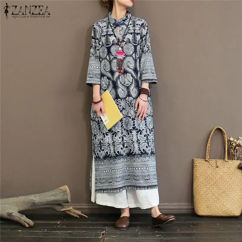 

Chinese Style Cheongsam Dress ZANZEA 2019 Women's Sundress Vintage Casual Split 3/4 Sleeve Vestidos Female Printed Robe Femme