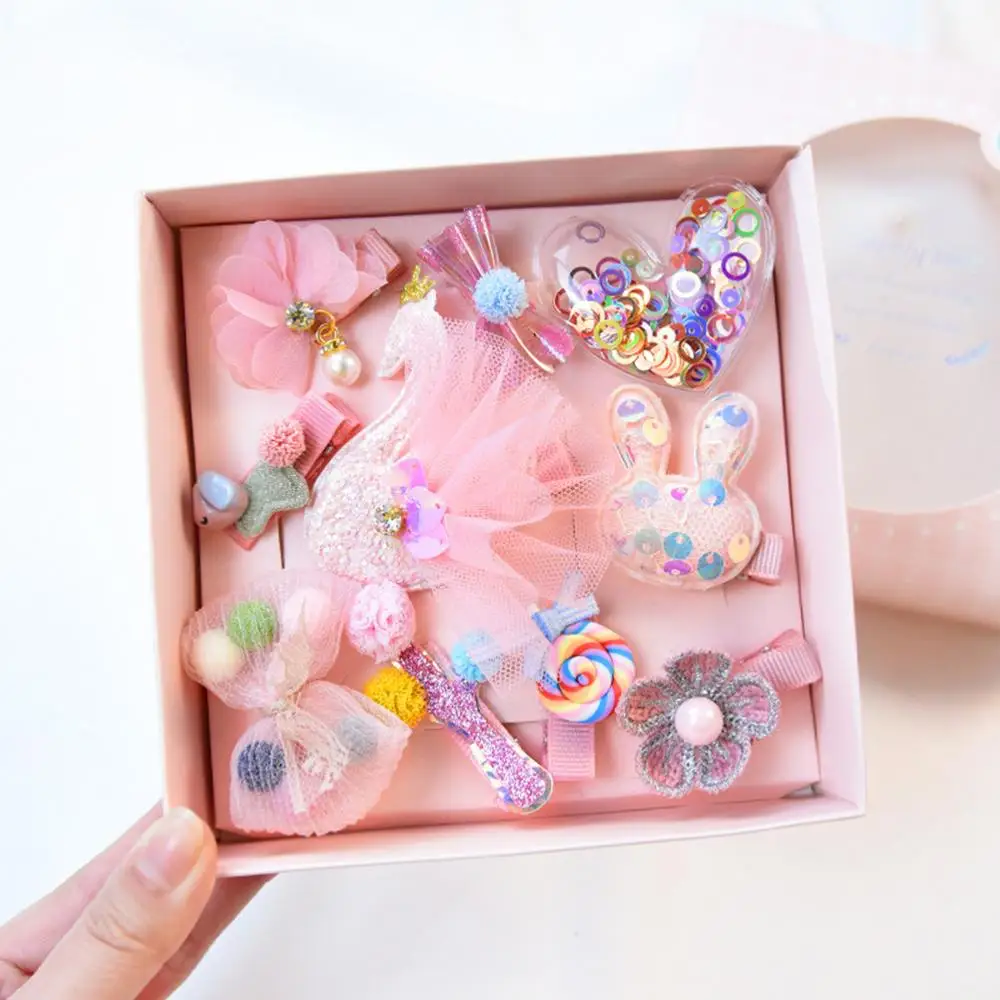 M MISM 10Pcs/Box Children Cute Hair Accessories Set Baby Bow Crown Flower Pink Hairpin Barrettes Girls Clip Hair Headdress Gift - Цвет: Box lace swan