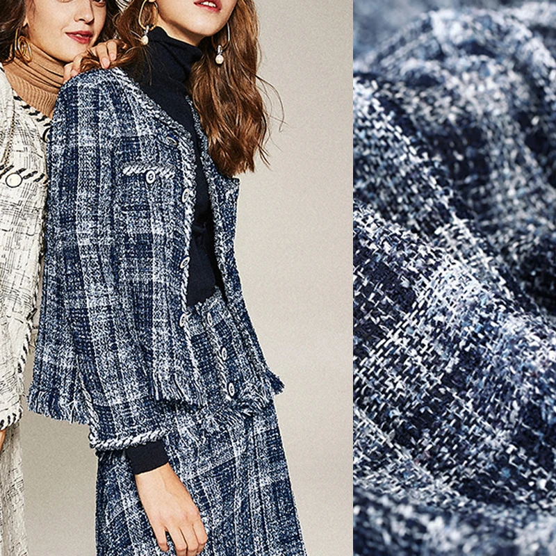 

140CM Wide 430G/M Weight Blue Knitted Tweed Acrylic Polyester Cotton Fabric for Autumn and Spring Dress Coat Jacket DE965