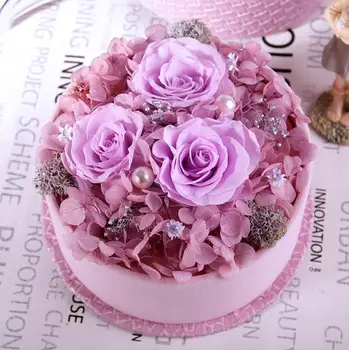 

Purple Mixed Preserved Fresh Flowers with Round 13.5cm Box For Wedding Party Birthday Valentine's Day Gift Favors