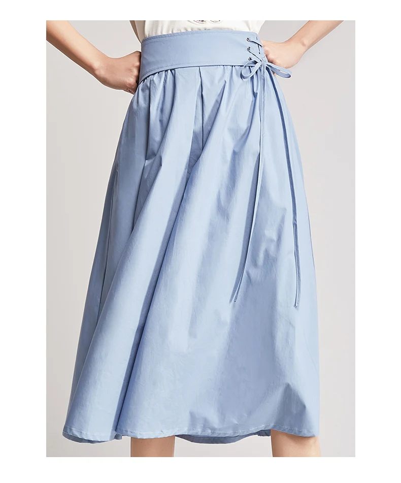 Vimly Summer Midi Lace Up Women Skirt Casual A Line Ladies High Waist Skirt Ladies Green Blue Solid Color Elegant Street Wear