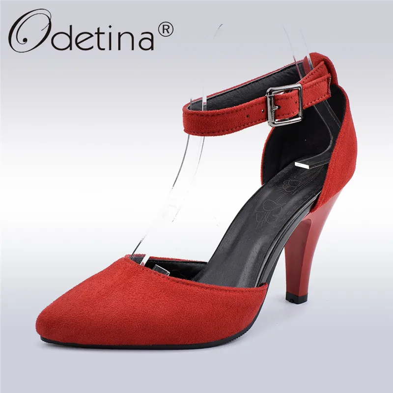 

Odetina New Fashion Faux Suede Women High Heel Dress D'Orsay Pumps Shoes Buckle Ankle Strap Pointed Toe Stilettos Big Size 33-48