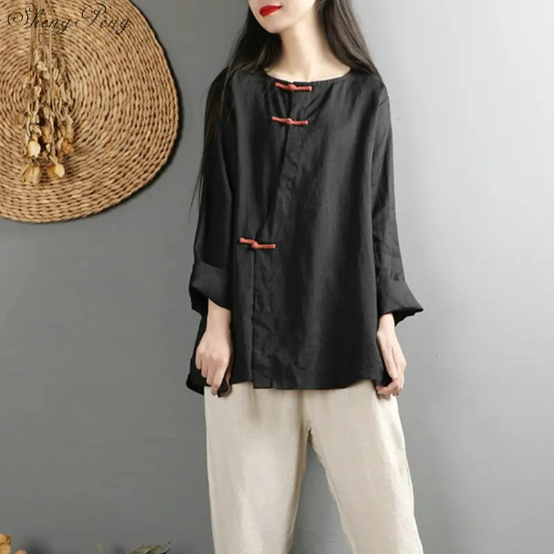 Лен Китайский традиционный Топ рубашка Ципао для Женский Чонсам стиль рубашка Китайский блузка дамы V1470