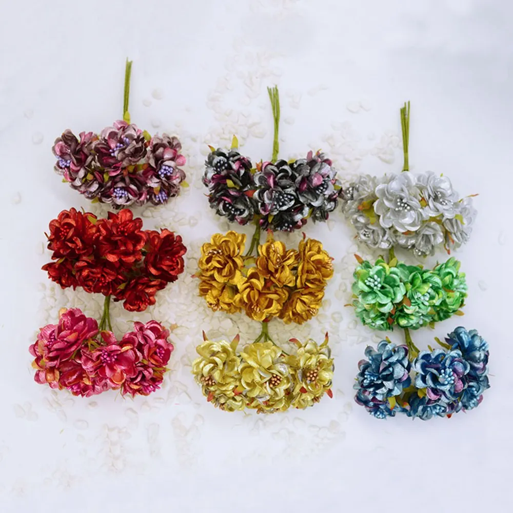 

6pcs cheap Gold brooch Scrapbooking for christmas home wedding decoration accessories diy wreath fake stamen artificial flowers