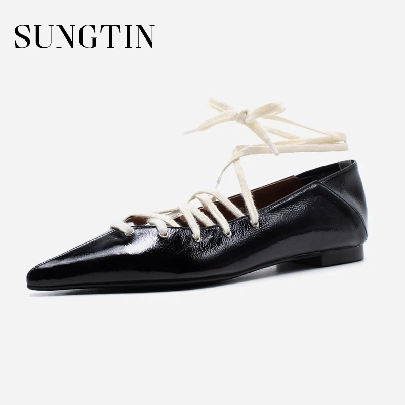 

Sungtin Sexy Cross Strap Ballet Flats Women Soft Moccasins Genuine Leather Shoes Pointed Toe Party Gladiator Flats Lace-Up Shoes