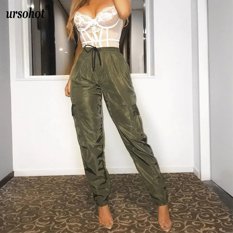 

Ursohot High Waist Drawstring Women Cargo Pants 2019 Summer Side Pockets Casual Long Trousers Streetwear Army Green Full Pants