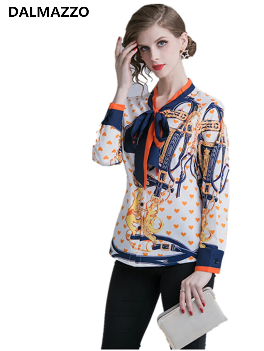 

M-XXL 2019 Newest Spring Women's Printed Shirt Tops Fashion Bow Collar Temperament Print Slim Office Shirts Runway Blouses