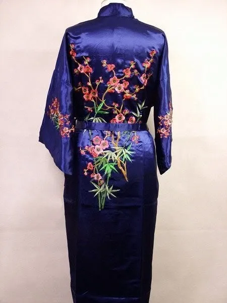 Лидер продаж темно-синий китайский женский шелковый халат с вышивкой Новинка кимоно Ночная рубашка с цветочным рисунком Размеры S M L XL XXL XXXL W3S001