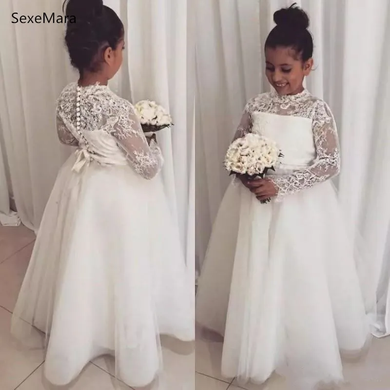 

Long Sleeves White/Ivory Flower Girl Dress for Wedding With Buttons Ribbon Back First Communion Dress Custom Made Size