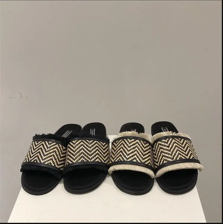 

2019 summer fashion vintage woven striped one-slip slippers ladies beach holiday one-line lazy shoes