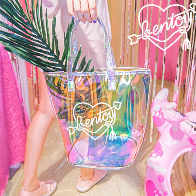 

Fashion Women Laser PVC Holographic Totes Hand Bag Summer Beach Shoulder Bag For Girls Large Capacity Travel Shopping Handbags