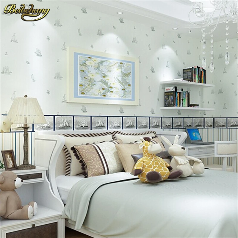 

Imports of non-woven wallpaper Mediterranean sailing backdrop bedroom children's room boy vertical striped wallpaper ab Version
