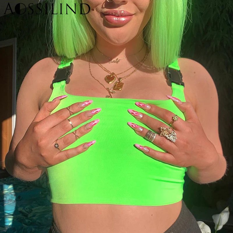

AOSSILIND Sexy Neon Green T-Shirt Women 2019 Summer Crop Top Fashion Buckle Band Camis Streetwear Casual Cropped Tops