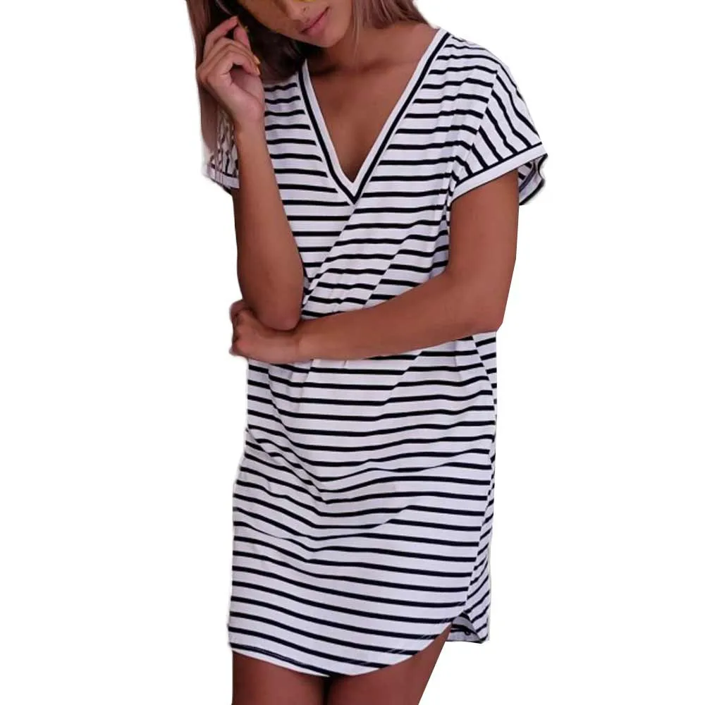

Cover Up Beach Women's V-Neck Striped Loose Dress Swimwear WomenWomanVestido Playa Short Sleeve DressPareo Beach #D