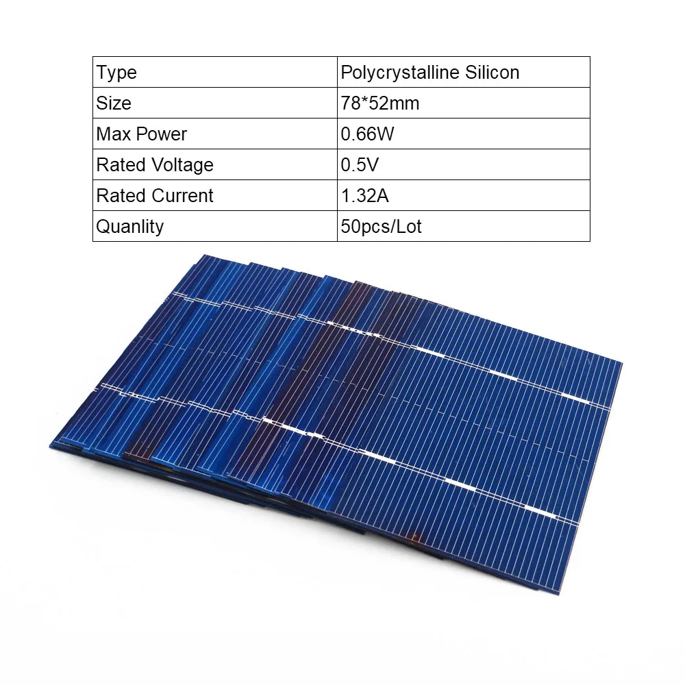 50 шт. x Солнечная панель Painel Cells 125 156 DIY зарядное устройство из поликристаллического кремния Sunpower solar Bord 78*26 мм 78*77 мм 39*39 мм 52*52 мм - Цвет: 0.66W 78x52mm