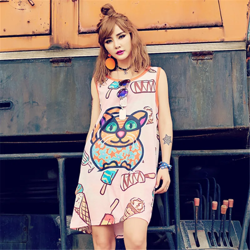 

just.be.never women hip hop vest dress cool ice cream funny cat sunshine printed summer sleeveless casual kawaii cotton dresses