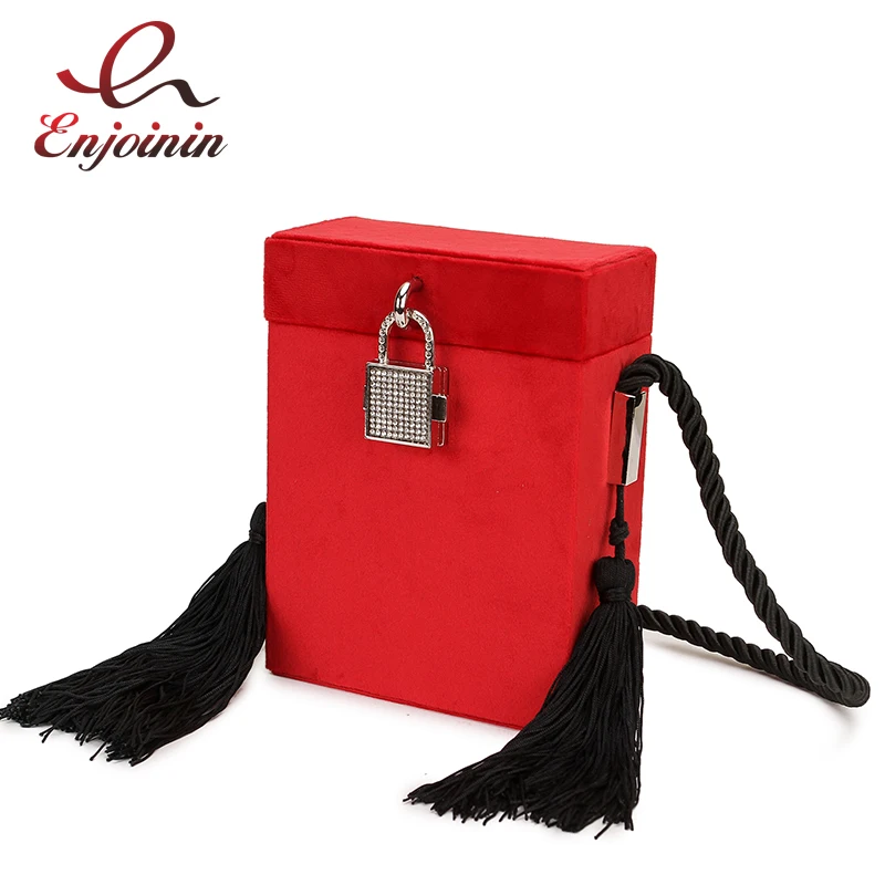 

Red & Black Long Fringe Diamond Lock Box Style Ladies Party Clutch Bag Shoulder Tote Crossbody Mini Bag Women Pouch Flap Handbag